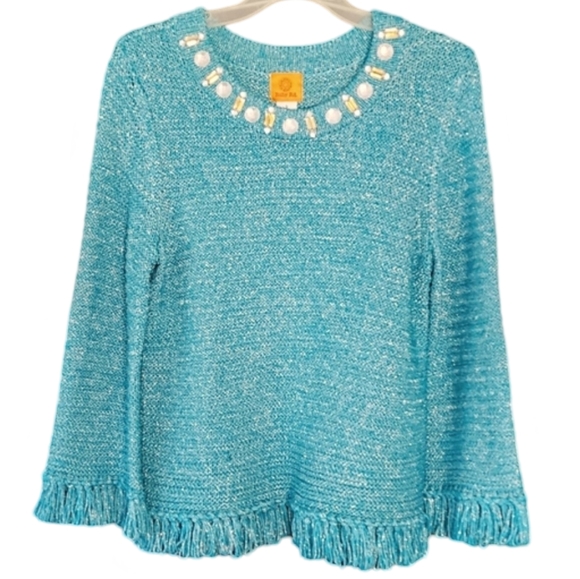 Ruby‎ Rd. Fringe Turquoise Boho Knit Embellished Sweater Women's Small - Picture 1 of 6